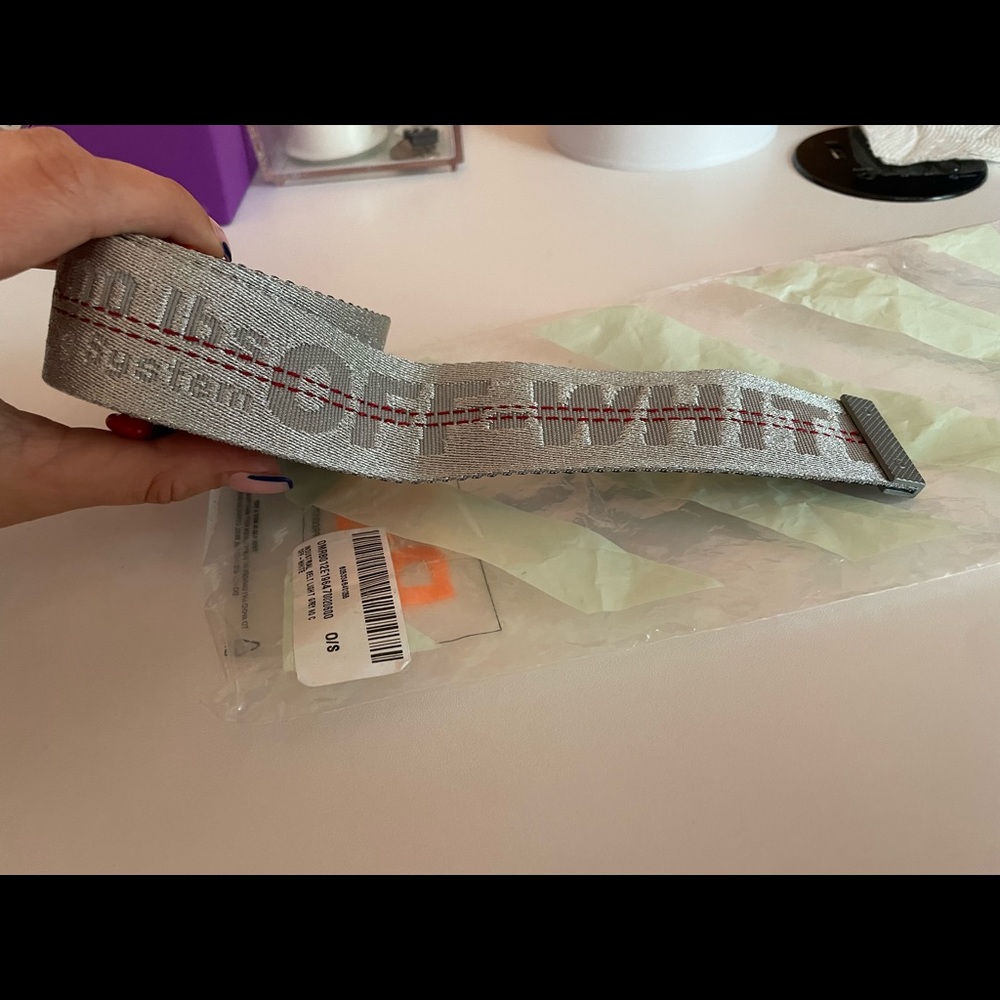 Off-White Silver Industrial Webbing Belt with Red Stitching